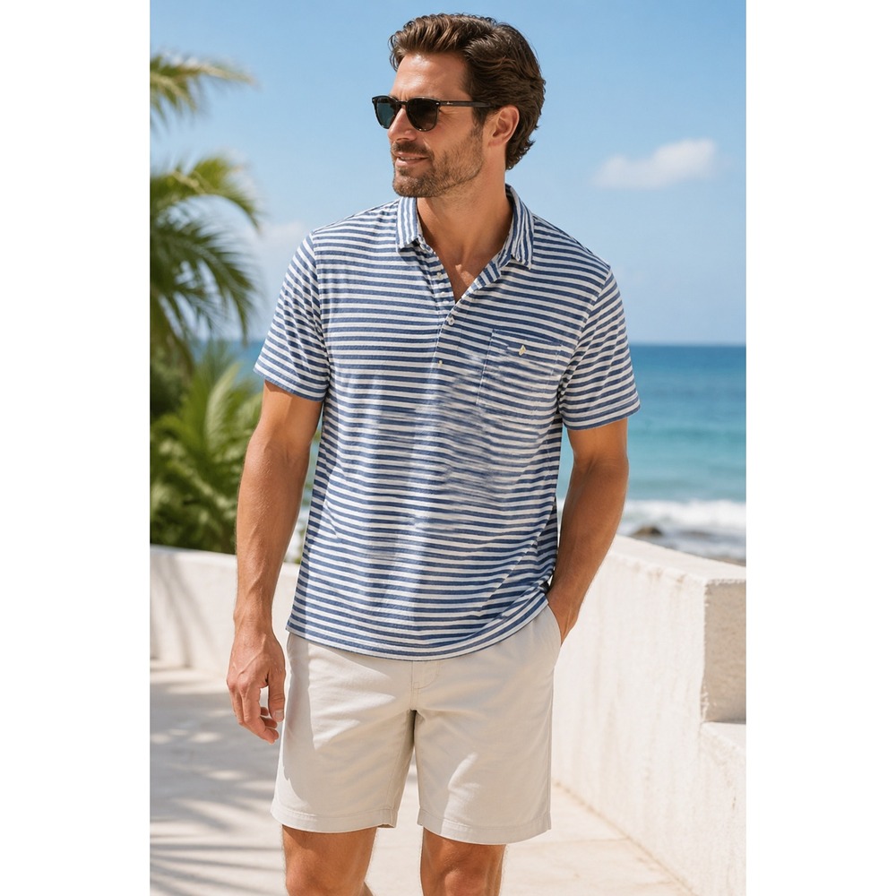 JCrew XL‎ Blue White Stripe Cotton Short Sleeve Shirt Coastal Preppy Resort